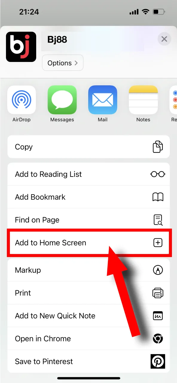 Tap Add to Home Screen on Bj88's site to set up the PWA shortcut for easy access.