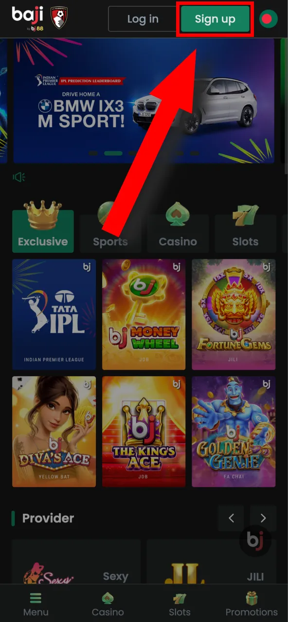 Click Sign Up on the BJ88 website or app to create your personal betting account.