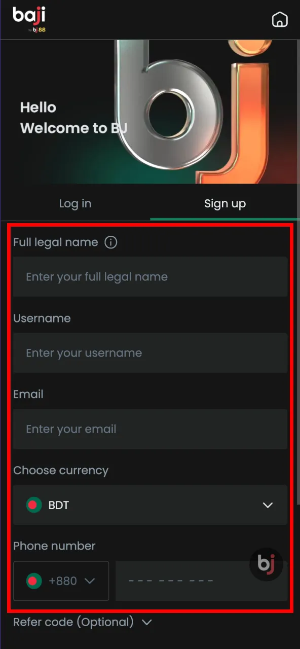 Fill in your username, phone number, email, and password accurately on BJ88.