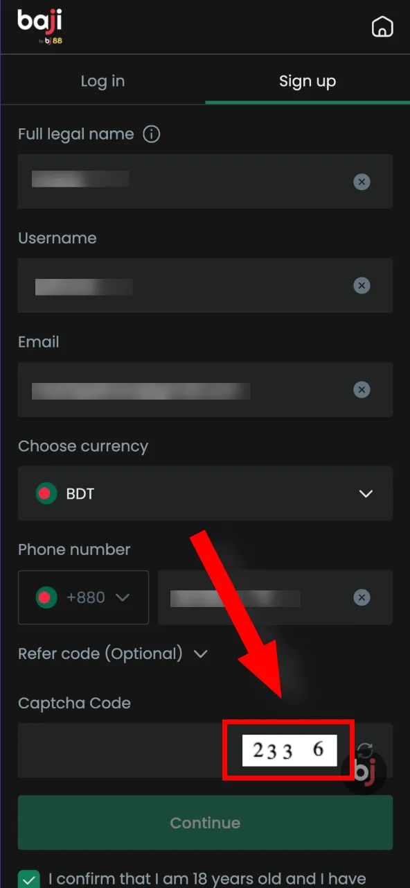 Verify your BJ88 account by entering the SMS code and completing the captcha.